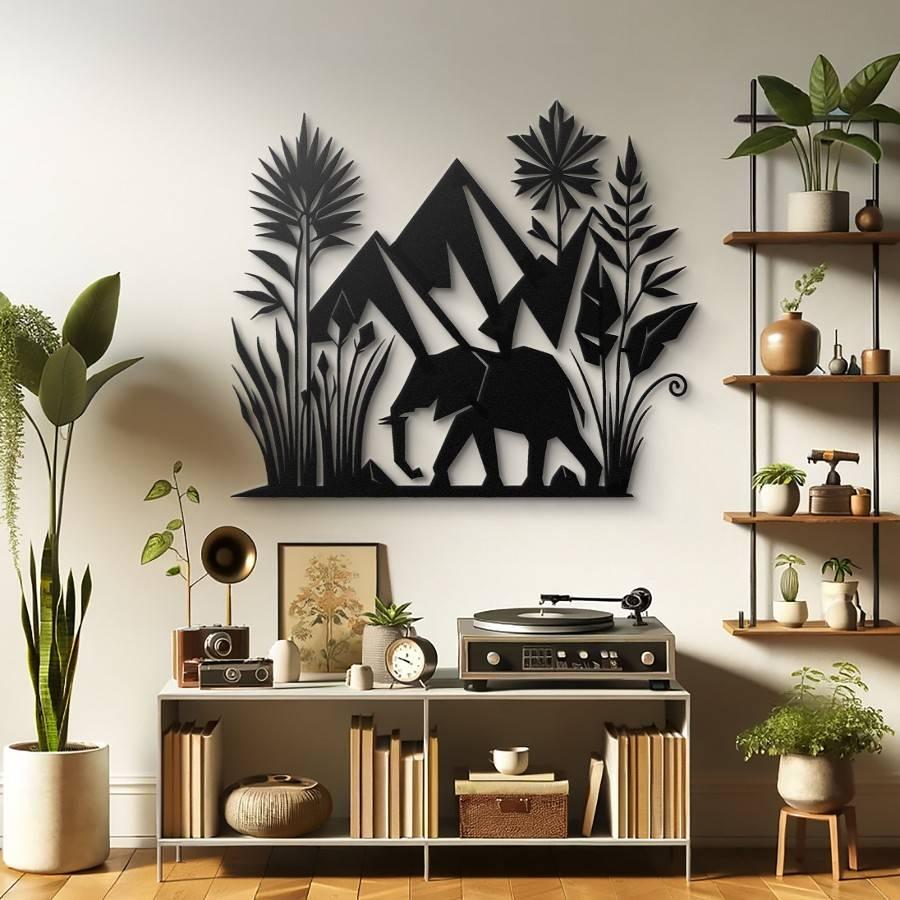 African Elephant and Mountain Metal Wall Art Black | Moonarch Nature Wall Art