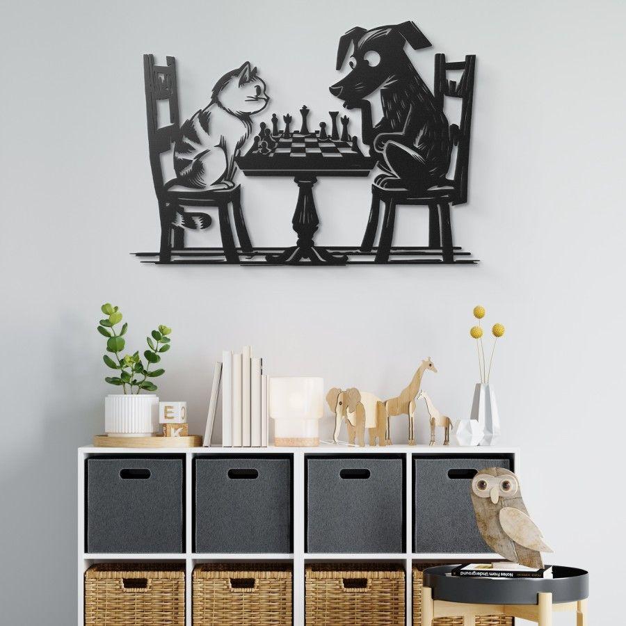 Cat vs Dog Chess Match Metal Wal Art Black | Moonarch Sports Wall Art