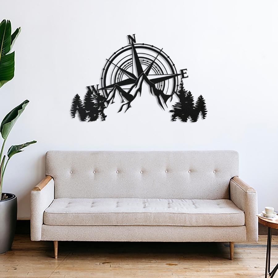 Compass and Mountains Metal Wall Art Decor Black | Moonarch Nature Wall Art