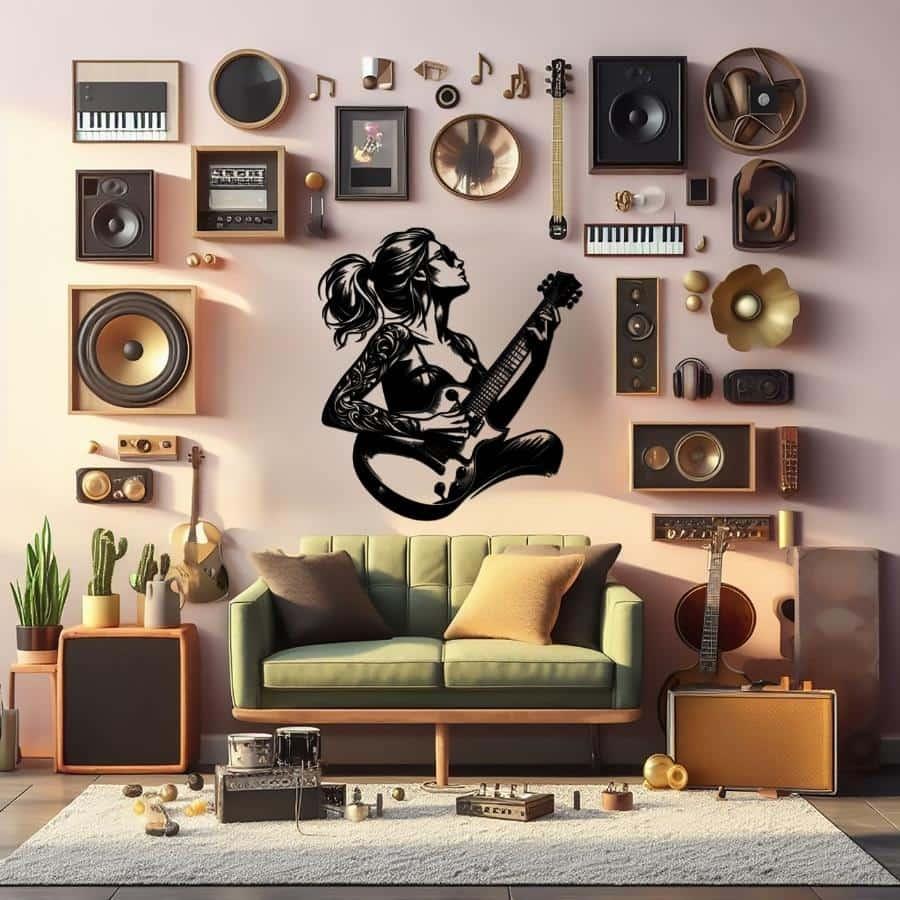 Cool Female Guitarist Metal Wall Art Black | Moonarch Music Wall Art