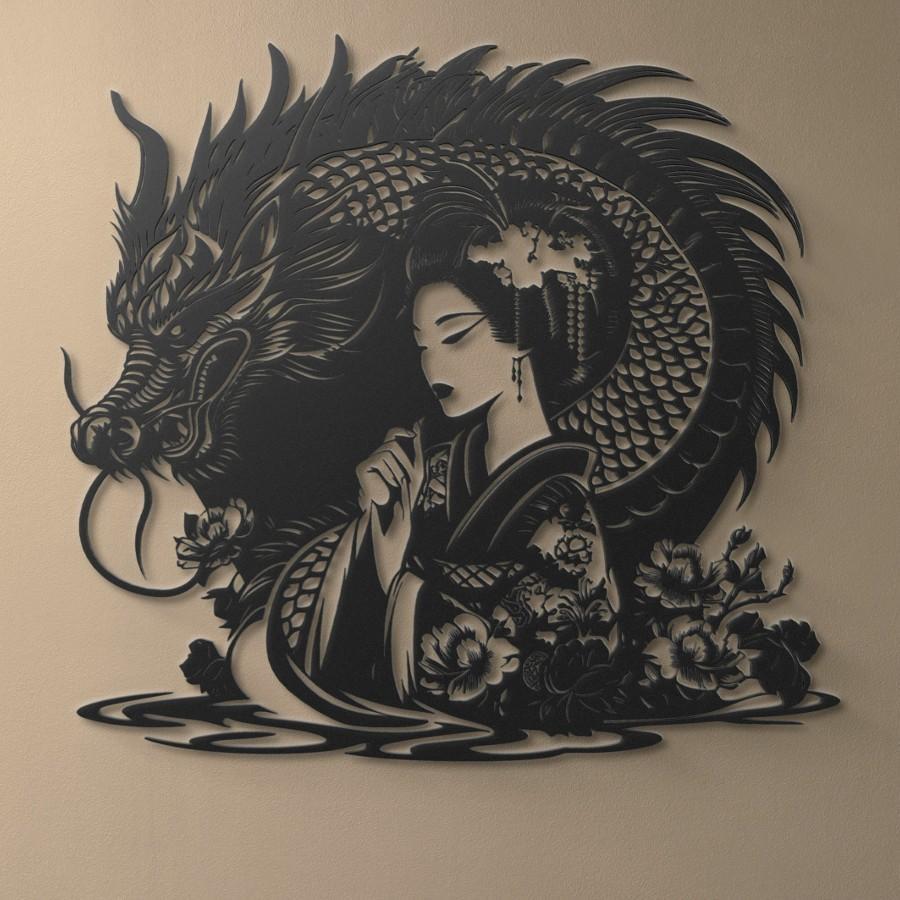 Dragon & Geisha Metal Wall Art Black | Moonarch Japanese Wall Art