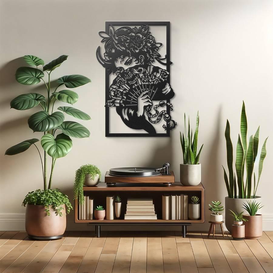 Elegant Geisha Silhouette Metal Wall Art Black | Moonarch Japanese Wall Art