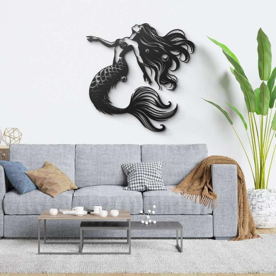 Elegant Mermaid Embrace Metal Wall Art Black | Moonarch Nature Wall Art