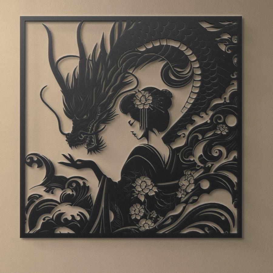 Geisha & Dragon Metal Wall Art Black | Moonarch Japanese Wall Art