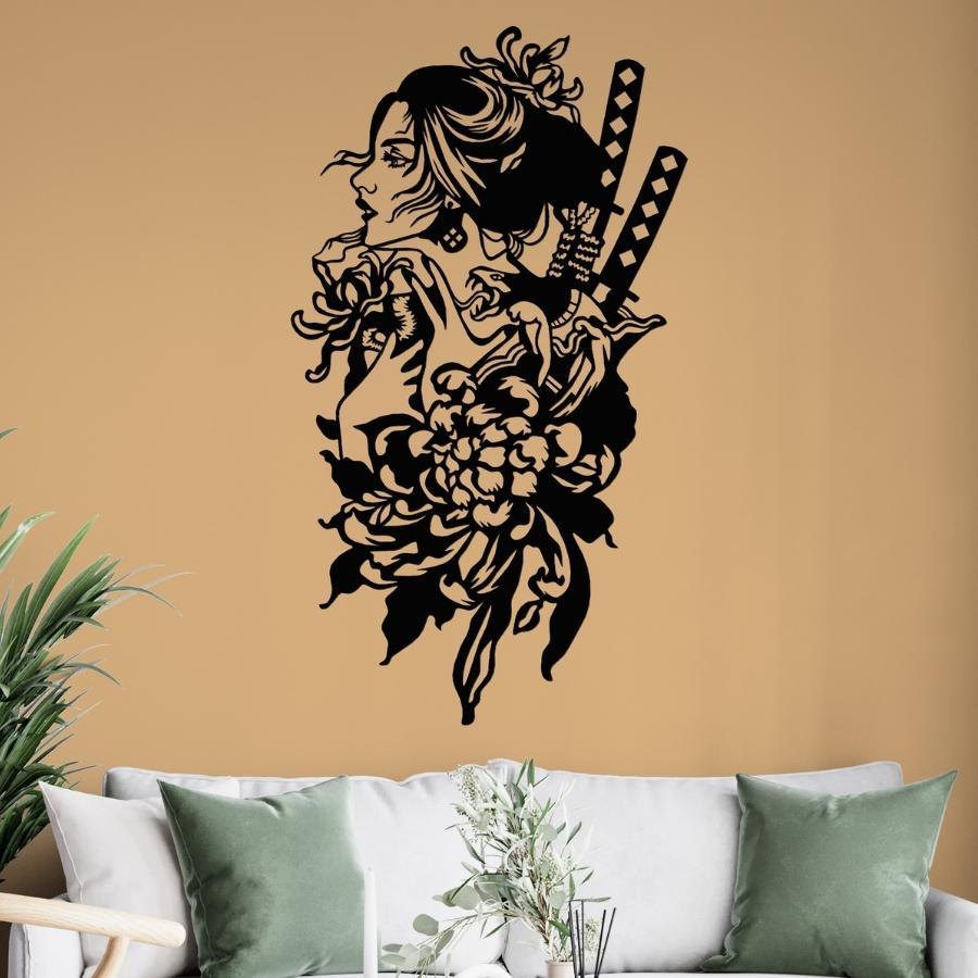 Geisha With Katana Metal Wall Art Black | Moonarch Japanese Wall Art