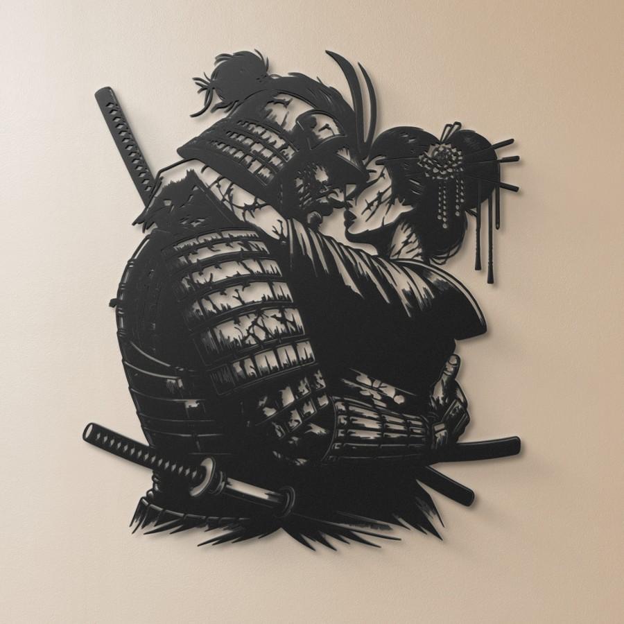 Japanese Samurai & Geisha Embrace Metal Wall Art Black | Moonarch Japanese Wall Art