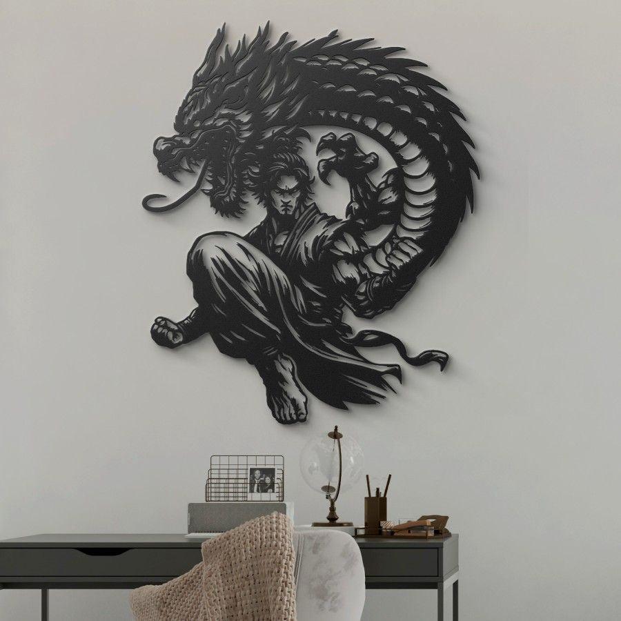 Martial Artist and Dragon Metal Wall Art Black | Moonarch Japanese Wall Art