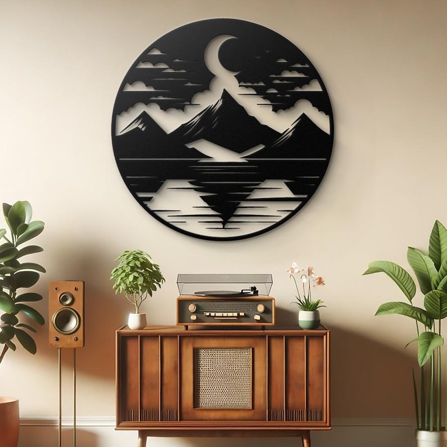 Mountain Lake Scenery Metal Wall Art Black | Moonarch Nature Wall Art