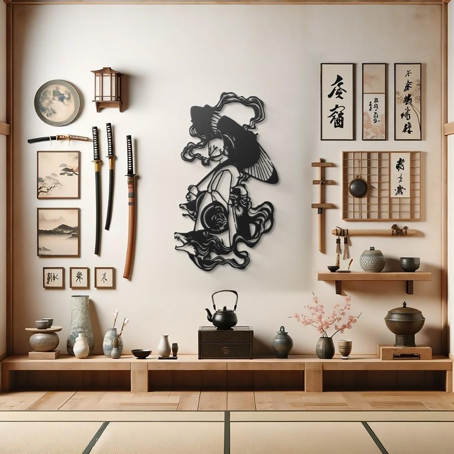 Mystic Kitsune Geisha Metal Wall Art Black | Moonarch Japanese Wall Art