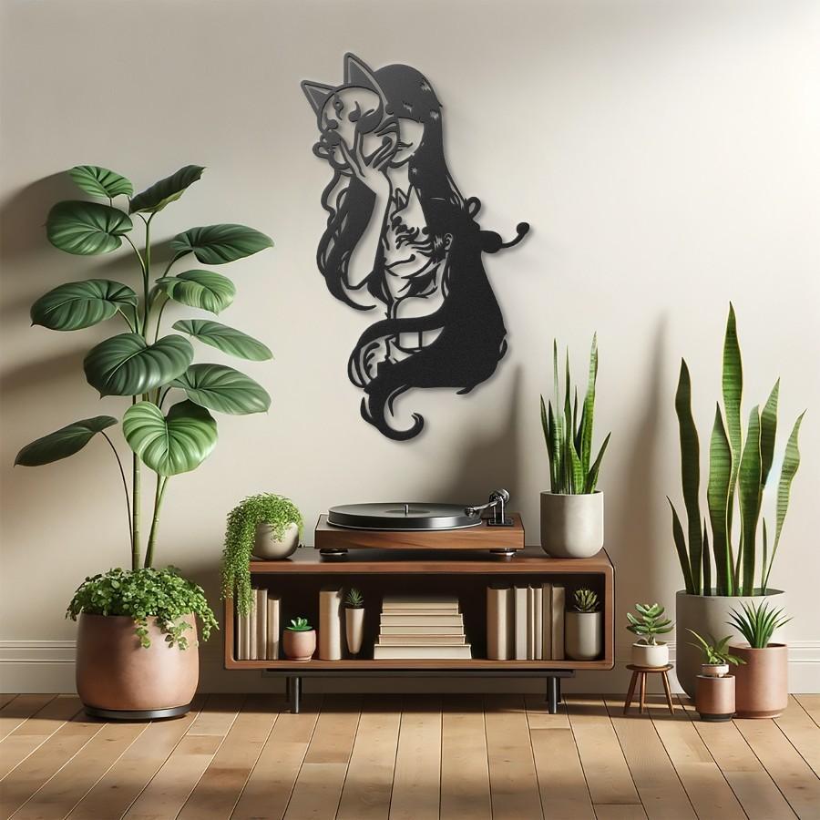 Mystical Fox and Girl Metal Wall Art Black | Moonarch Japanese Wall Art