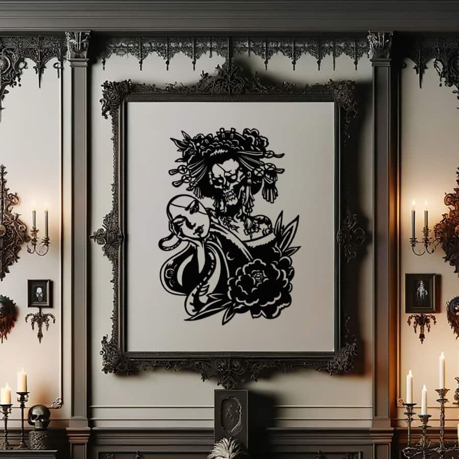 Skull Gothic Geisha Metal Wall Art Black | Moonarch Gothic Wall Art