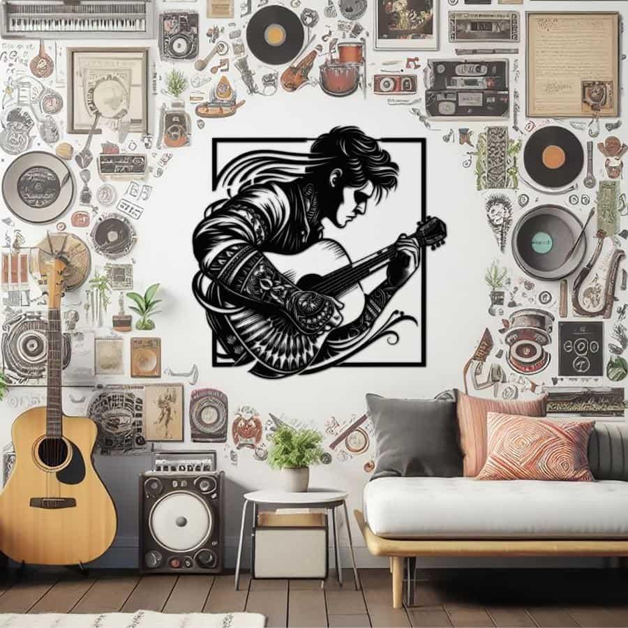 Tattoed Guitarist Metal Wall Art Black | Moonarch Music Wall Art