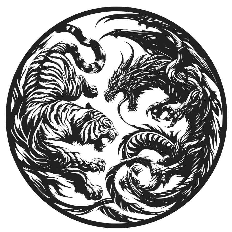 Tiger Dragon Face Off Metal Wall Art Black | Moonarch Japanese Wall Art