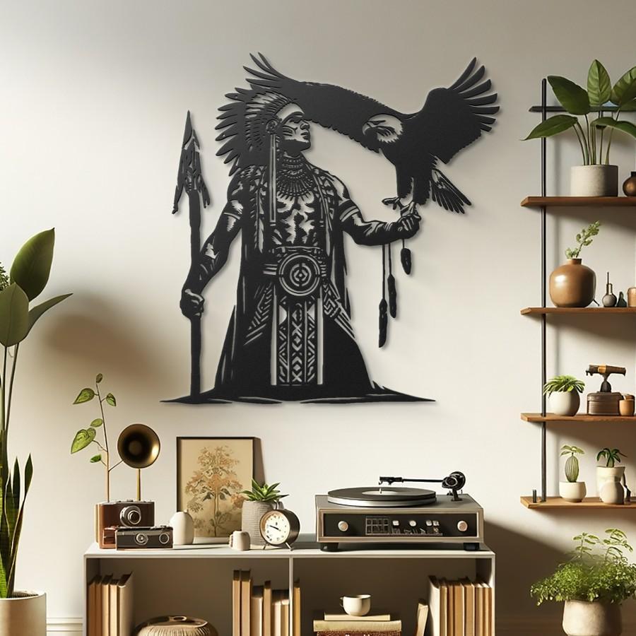 Tribal Spirit Eagle and Warrior Metal Wall Art Black | Moonarch Metal Wall Decor