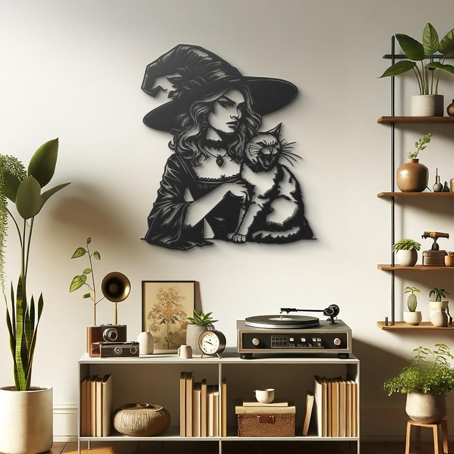 Witch and Feline Companion Metal Wall Art Black | Moonarch Gothic Wall Art